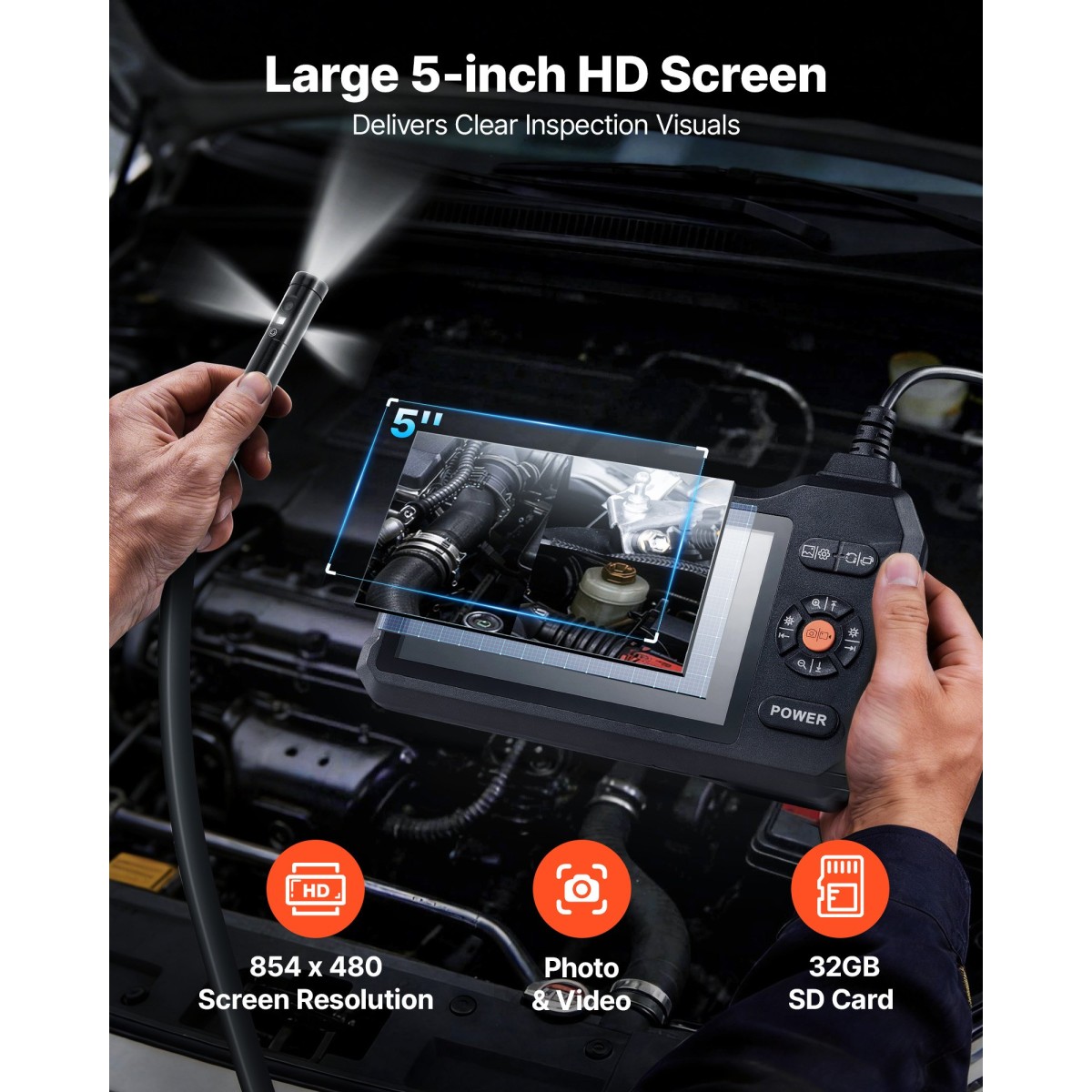VEVOR Triple Lens Endoscope with Light, 5" HD IPS Screen Industrial Borescope Camera, 1280 x 720 Lens, 8 + 2 LED, Zoom 8X, IP67 Waterproof Inspection Snake Camera για Αυτοκίνητα, Υδραυλικά (5m άκαμπτο καλώδιο)