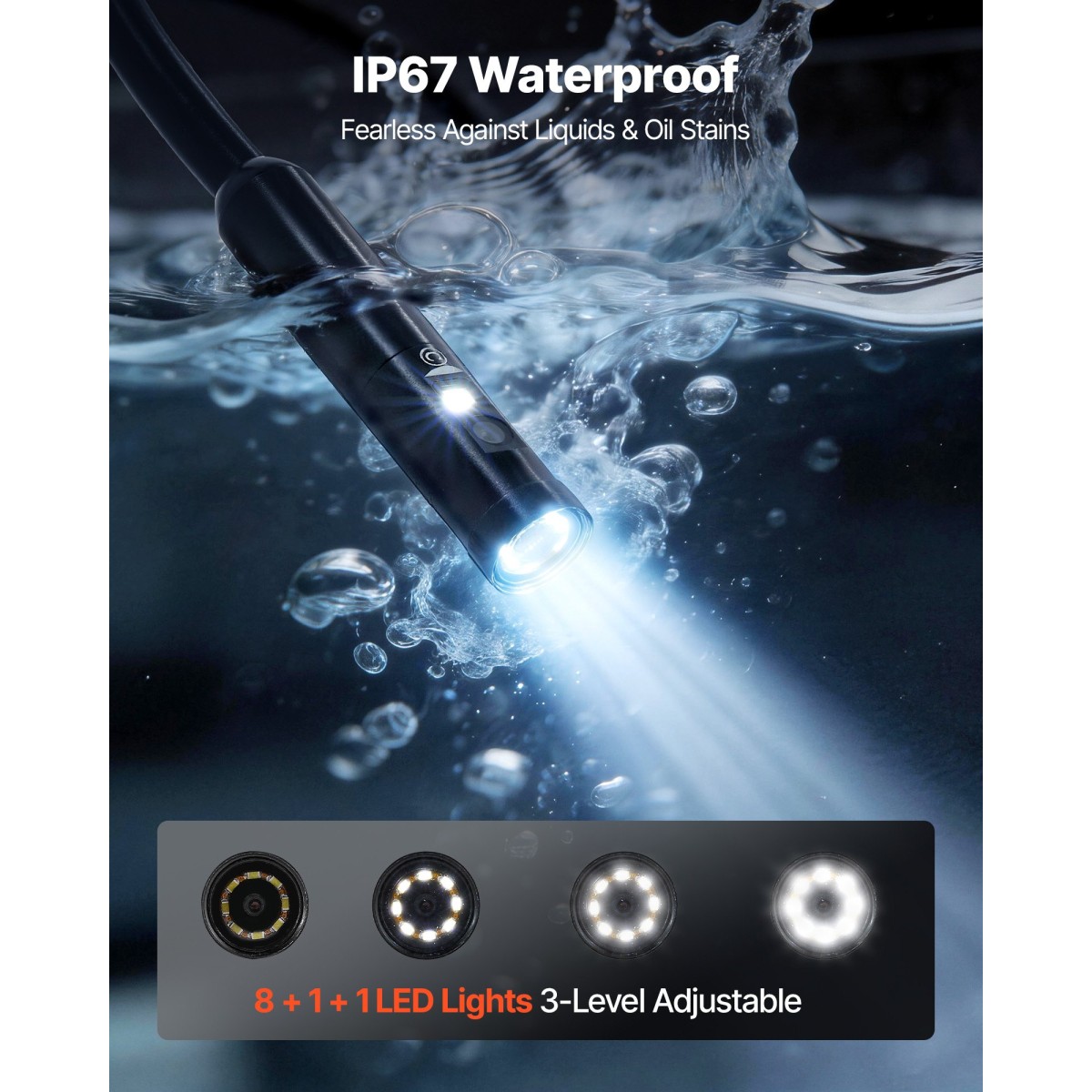 VEVOR Triple Lens Endoscope with Light, 5" HD IPS Screen Industrial Borescope Camera, 1280 x 720 Lens, 8 + 2 LED, Zoom 8X, IP67 Waterproof Inspection Snake Camera για Αυτοκίνητα, Υδραυλικά (5m άκαμπτο καλώδιο)