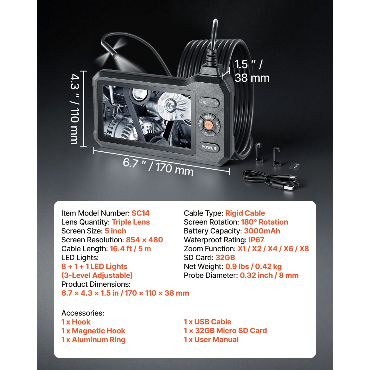 VEVOR Triple Lens Endoscope with Light, 5" HD IPS Screen Industrial Borescope Camera, 1280 x 720 Lens, 8 + 2 LED, Zoom 8X, IP67 Waterproof Inspection Snake Camera για Αυτοκίνητα, Υδραυλικά (5m άκαμπτο καλώδιο)