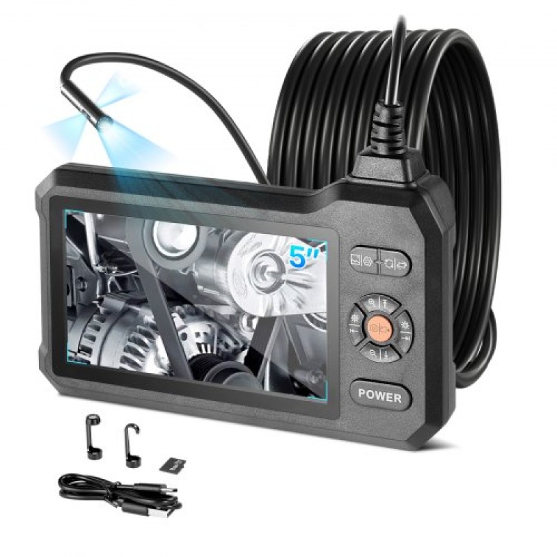 VEVOR Triple Lens Endoscope with Light, 5" HD IPS Screen Industrial Borescope Camera, 1280 x 720 Lens, 8 + 2 LED, Zoom 8X, IP67 Waterproof Inspection Snake Camera για Αυτοκίνητα, Υδραυλικά (5m άκαμπτο καλώδιο)