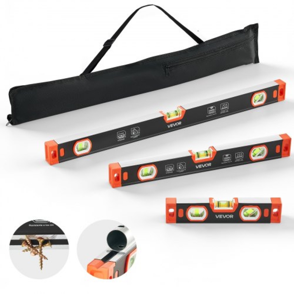 VEVOR Torpedo Level, 3 τεμαχίων (225/400/600 mm), Σετ εργαλείων Magnetic Leveler από κράμα αλουμινίου, με διαφανή 3 πράσινα φιαλίδια, V-groove, κρεμαστή τρύπα, μέτρηση πολλαπλών γωνιών για ανακαίνιση σπιτιού