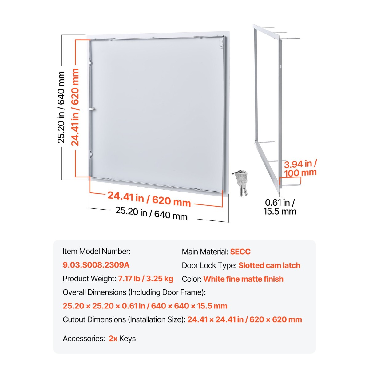 Πάνελ πρόσβασης VEVOR για γυψοσανίδα, 64x64 cm Πόρτα πρόσβασης από γαλβανισμένο χάλυβα, Εύκολη εγκατάσταση μεντεσέδες πάνελ σέρβις με κλειδί, για υδραυλικά οροφής ηλεκτρικά, 62x62 cm Μέγεθος αποκοπής Λευκό