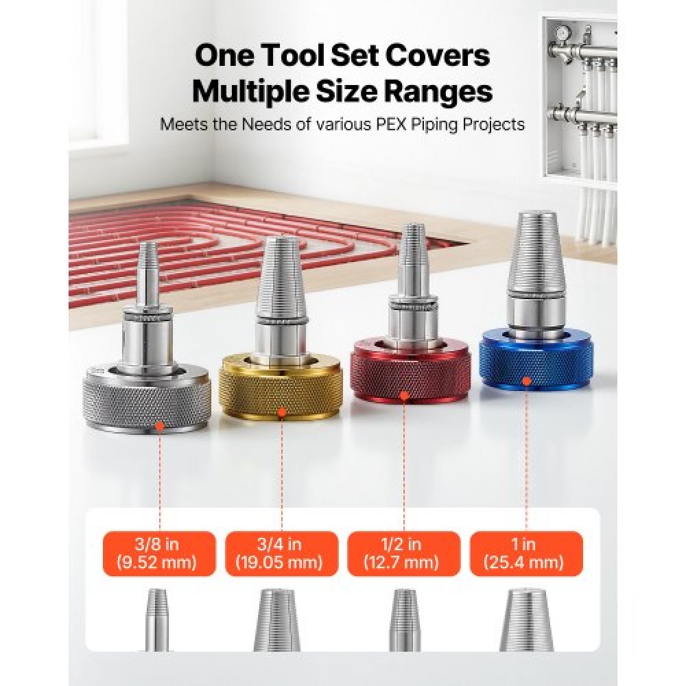 VEVOR PEX Pipe Expander Tool Kit, Χειροκίνητο Εργαλείο Επέκτασης Σωληνώσεων για σωλήνες PEX 9,52mm, 12,7mm, 19mm, 25,4mm - με 4 κεφαλές επέκτασης, κόφτη σωλήνων & εργαλειοθήκη για ακτινοβόλο θέρμανση και υδραυλικό σύστημα