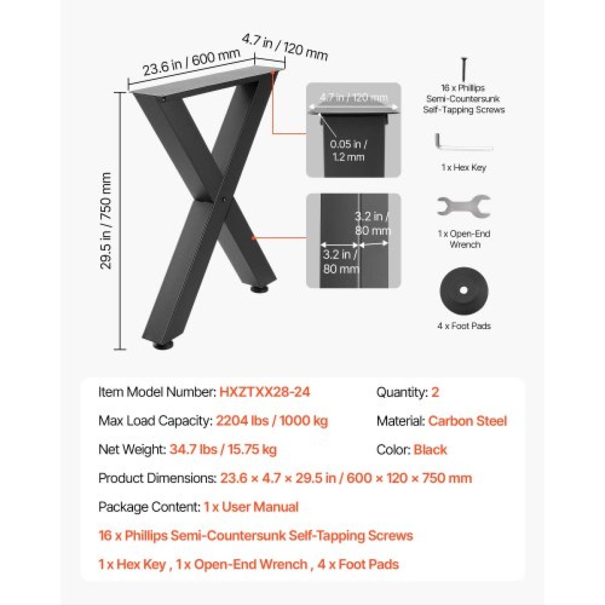 Επιτραπέζια πόδια VEVOR, 750 x 600 mm (Υ x Π) Ατσάλινα πόδια επίπλων, Αρθρωτή σχεδίαση, Εύκολη συναρμολόγηση, 1000 kg Μέγιστο φορτίο βαρέως τύπου, για γραφείο οικιακού γραφείου, τραπέζια καφέ για δείπνο, πάγκος εργασίας, 2 τμχ, πλαίσιο X, μαύρο