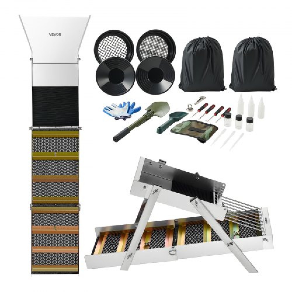VEVOR Highbanker Gold Panning Kit, 1270 mm 3-in-1 Folding High Banker Gold Sluice Box, 26 PCS Portable Mining Equipment Prospecting Kit with Gold Pans, Classifier Screen, Magnet, Backpack, Accessories