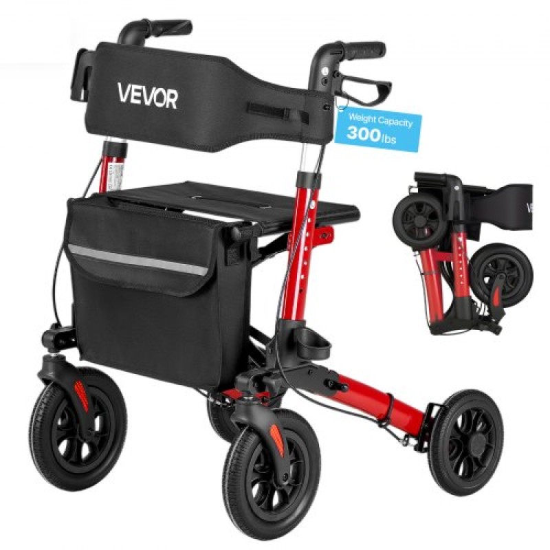 VEVOR Rollator Walker με κάθισμα για ηλικιωμένους, Ultra Compact 3-fold Rolling Walker, ελαφρύ αλουμίνιο Mobility Walking Aid με συμπαγείς τροχούς PU, Ρυθμιζόμενη λαβή, θήκη για φλιτζάνια και μπαστούνι - Υποστηρίζει 136 κιλά