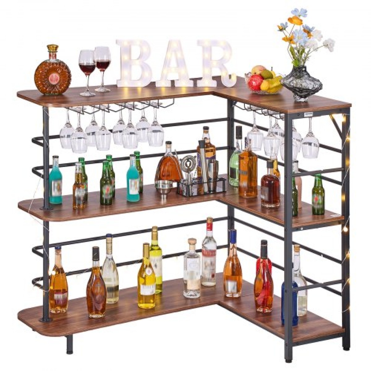 VEVOR Home Bar Unit, Τραπέζι Ντουλάπα Wine Bar σε σχήμα L 3 επιπέδων με ράφια αποθήκευσης, ρυθμιζόμενα μαξιλαράκια ποδιών, φως LED, φινίρισμα καρυδιάς & μεταλλικό σκελετό ντουλάπι ποτών για σπίτι, κουζίνα, σαλόνι, παμπ, υπόγειο
