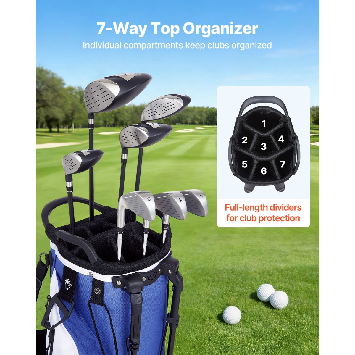 Τσάντα VEVOR Golf Cart, 7 Way Top Divider Organizer, Club Stand Bag με ολόσωμο διαχωριστικό, λαβές, διπλά πόδια στήριξης, τσέπες αποθήκευσης, διπλοί ιμάντες ώμου, κουκούλα βροχής, ελαφρύ για άνδρες και γυναίκες