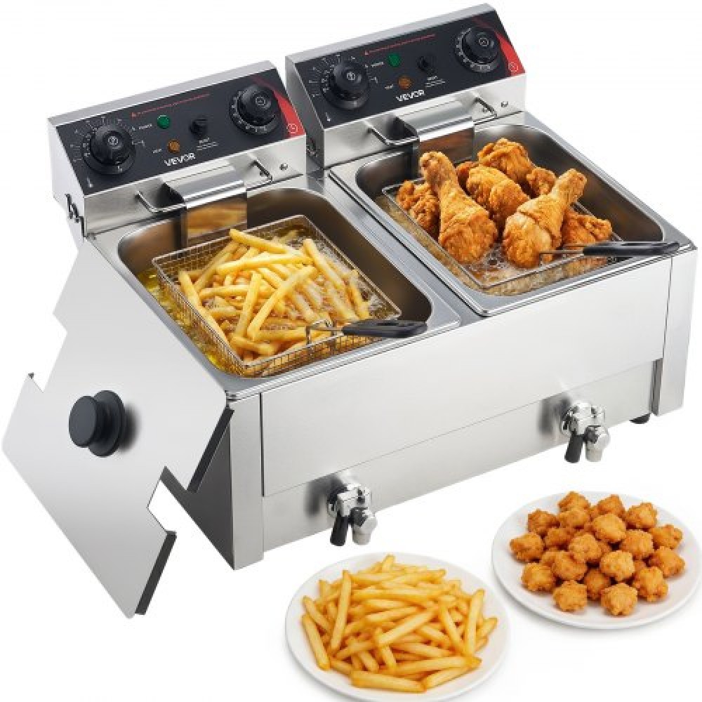 VEVOR Commercial Electric Deep Fryer, Upgrade Dual Tank χωρητικότητας 14 L Oil, 5000W ανοξείδωτη φριτέζα πάγκου με καλάθια & καπάκια, έλεγχος θερμοκρασίας, χρονοδιακόπτης, προστασία υπερθέρμανσης, για εστιατόριο, ασήμι