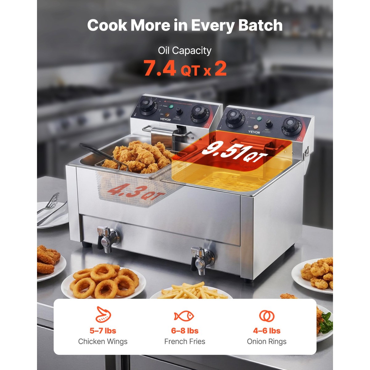 VEVOR Commercial Electric Deep Fryer, Upgrade Dual Tank χωρητικότητας 14 L Oil, 5000W ανοξείδωτη φριτέζα πάγκου με καλάθια & καπάκια, έλεγχος θερμοκρασίας, χρονοδιακόπτης, προστασία υπερθέρμανσης, για εστιατόριο, ασήμι