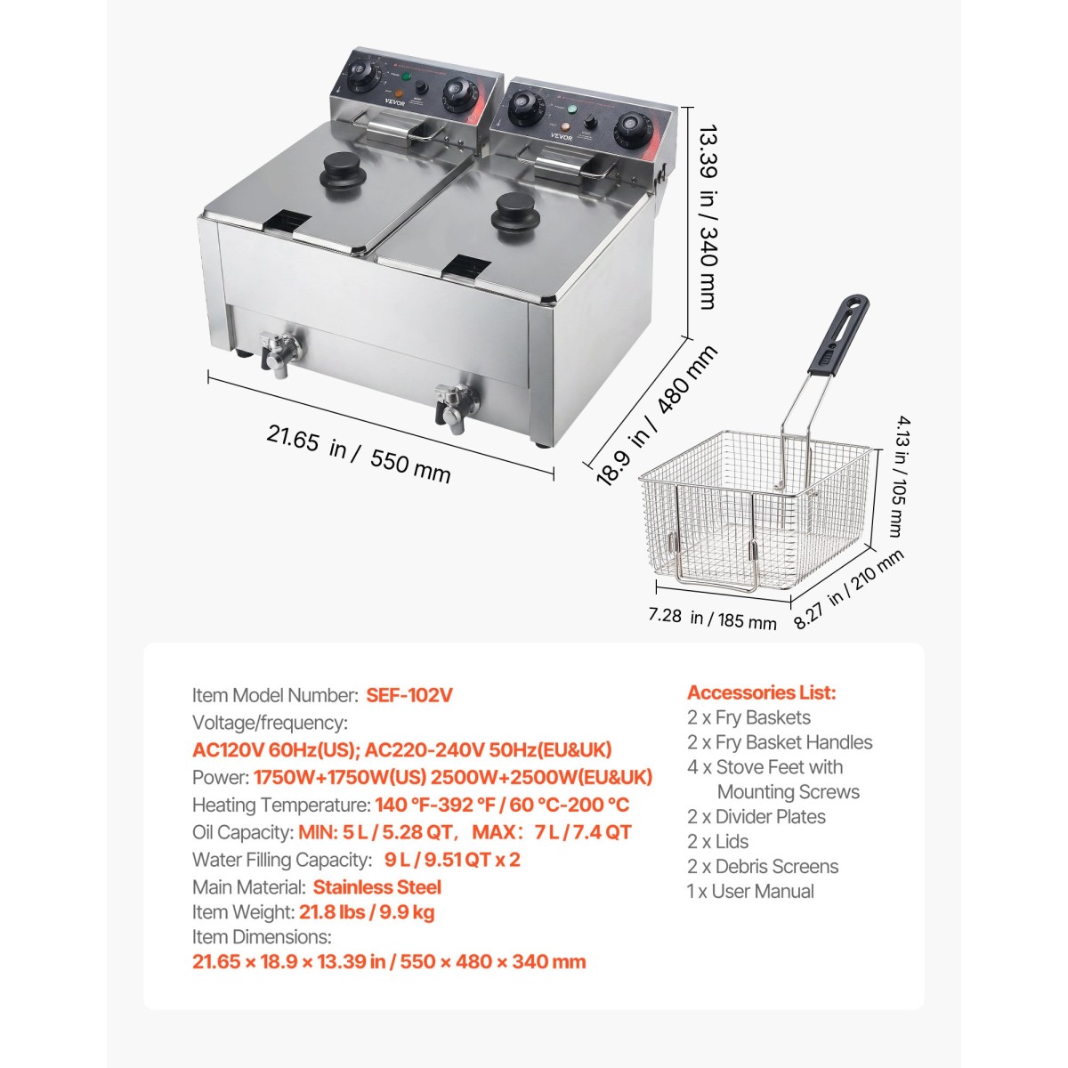VEVOR Commercial Electric Deep Fryer, Upgrade Dual Tank χωρητικότητας 14 L Oil, 5000W ανοξείδωτη φριτέζα πάγκου με καλάθια & καπάκια, έλεγχος θερμοκρασίας, χρονοδιακόπτης, προστασία υπερθέρμανσης, για εστιατόριο, ασήμι