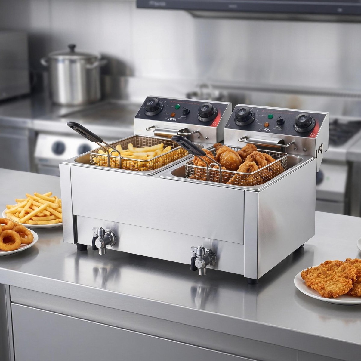 VEVOR Commercial Electric Deep Fryer, Upgrade Dual Tank χωρητικότητας 14 L Oil, 5000W ανοξείδωτη φριτέζα πάγκου με καλάθια & καπάκια, έλεγχος θερμοκρασίας, χρονοδιακόπτης, προστασία υπερθέρμανσης, για εστιατόριο, ασήμι