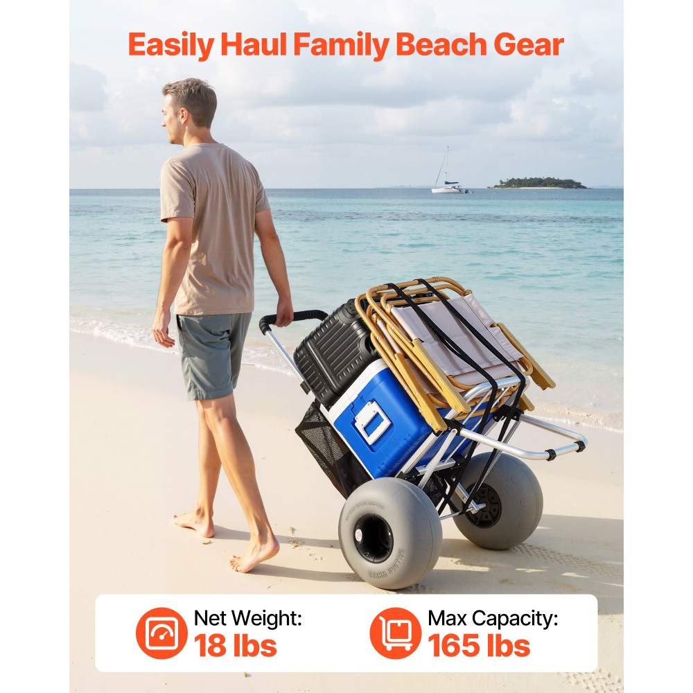 VEVOR Beach Dolly με μεγάλους τροχούς για άμμο, κατάστρωμα φορτίου 505 x 374 mm, πτυσσόμενο καρότσι άμμου με ρόδες μπαλονιού 320 mm, χωρητικότητα 75 kg, ρυθμιζόμενο ύψος 860-1160 mm, βαρέως τύπου καρότσι για κατασκήνωση στην παραλία
