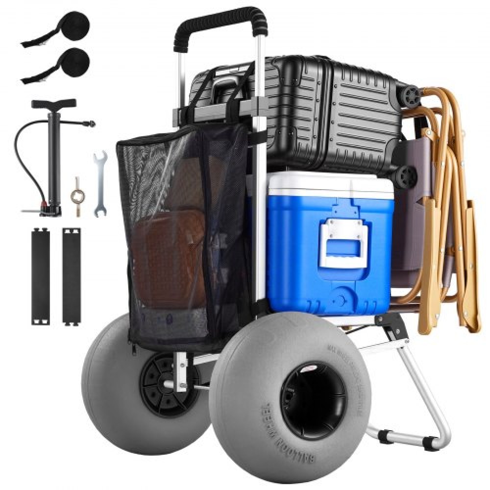 VEVOR Beach Dolly with Big Wheels for Sand, 505 x 374 mm Cargo Deck, Folding Sand Cart with 320 mm Balloon Wheels, 75 kg Load Capacity, 860-1160 mm Adjustable Height, Heavy Duty Cart for Beach Camping