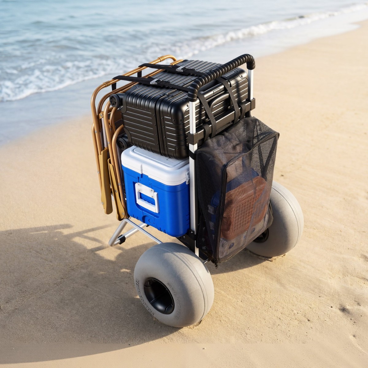 VEVOR Beach Dolly με μεγάλους τροχούς για άμμο, κατάστρωμα φορτίου 505 x 374 mm, πτυσσόμενο καρότσι άμμου με ρόδες μπαλονιού 320 mm, χωρητικότητα 75 kg, ρυθμιζόμενο ύψος 860-1160 mm, βαρέως τύπου καρότσι για κατασκήνωση στην παραλία