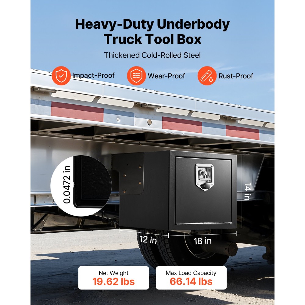 Κιβώτιο εργαλείων VEVOR Underbody Truck, 457 x 305 x 356 mm Κουτί αποθήκευσης τρέιλερ από χάλυβα βαρέως τύπου με κλειδαριά & κλειδιά, αδιάβροχη οργάνωση αποθήκευσης τρέιλερ κάτω από το αμάξωμα με λαβή T για φορτηγό, Van, SUV, Μαύρο
