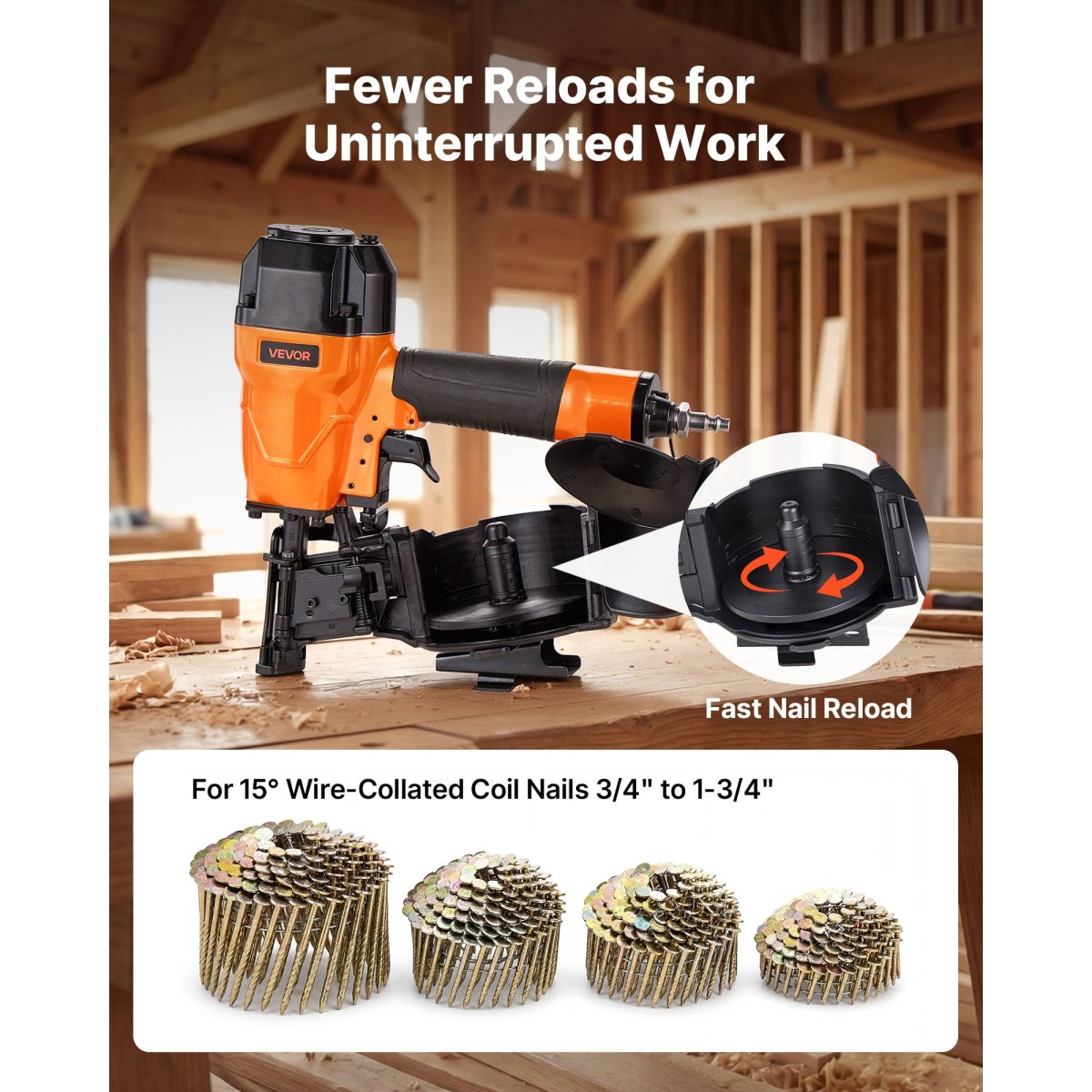 VEVOR Roofing Nailer CN45C, 19mm έως 45mm Πιστόλι καρφιών στέγης 15 μοιρών με δύο λειτουργίες πυροδότησης & ρύθμιση βάθους χωρίς εργαλεία, 4,8-7,5 Bar Πνευματικό καρφωτικό πηνίου για έρπητα ζωστήρα ασφάλτου, επένδυση οροφής
