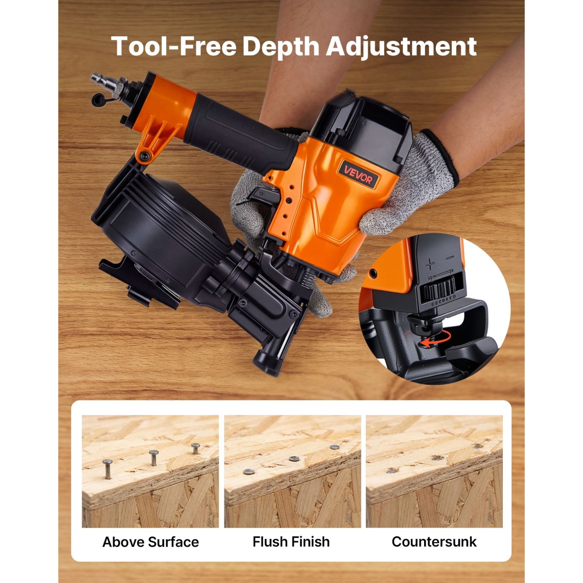 VEVOR Roofing Nailer CN45C, 19mm έως 45mm Πιστόλι καρφιών στέγης 15 μοιρών με δύο λειτουργίες πυροδότησης & ρύθμιση βάθους χωρίς εργαλεία, 4,8-7,5 Bar Πνευματικό καρφωτικό πηνίου για έρπητα ζωστήρα ασφάλτου, επένδυση οροφής