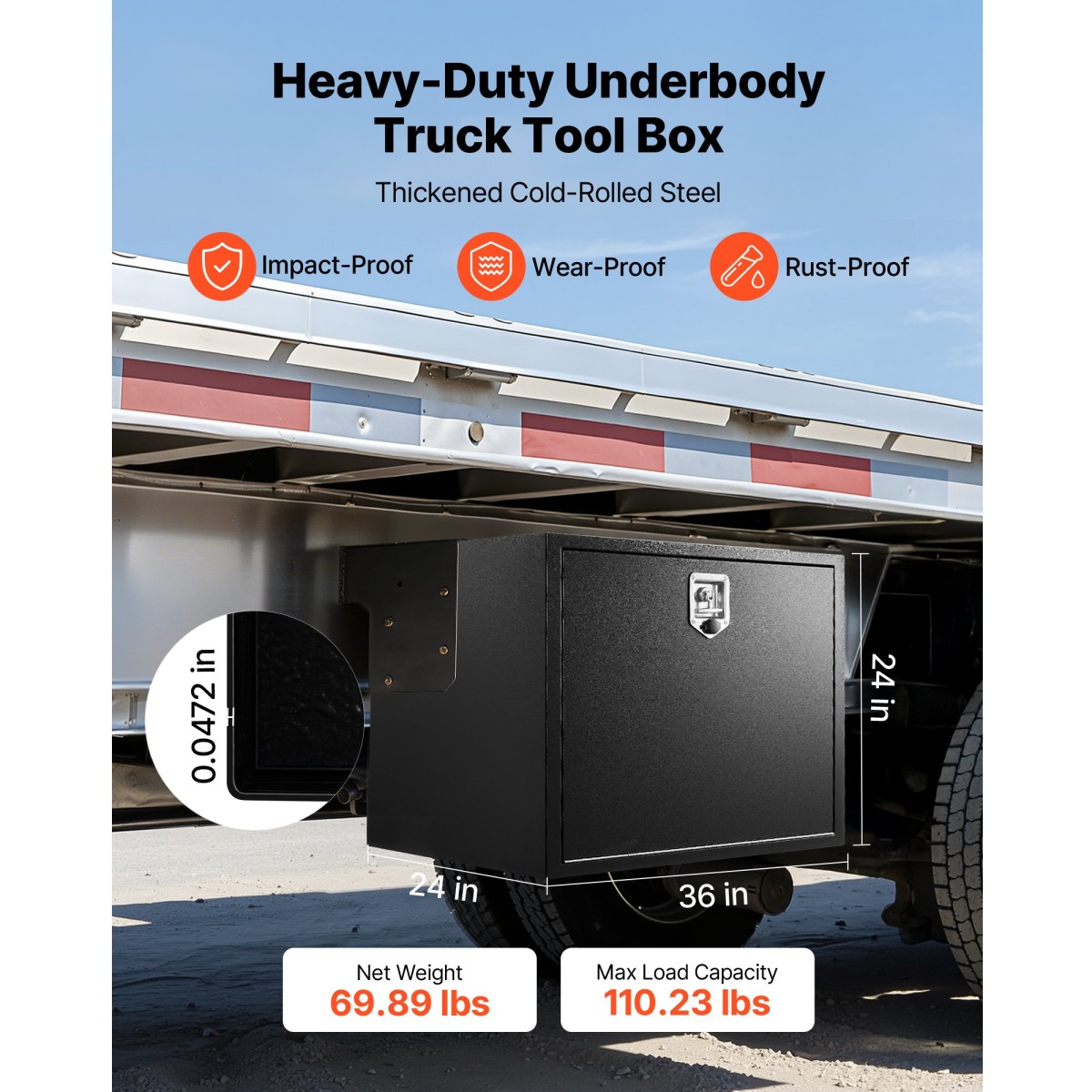 VEVOR Underbody Truck Tool Box, 914 x 609 x 609 mm Κουτί αποθήκευσης τρέιλερ από χάλυβα βαρέως τύπου με κλειδαριά & κλειδιά, αδιάβροχη οργάνωση αποθήκευσης τρέιλερ κάτω από το αμάξωμα με λαβή T για φορτηγό, Van, SUV, Μαύρο