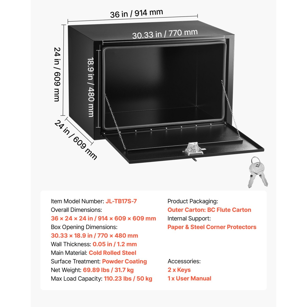 VEVOR Underbody Truck Tool Box, 914 x 609 x 609 mm Κουτί αποθήκευσης τρέιλερ από χάλυβα βαρέως τύπου με κλειδαριά & κλειδιά, αδιάβροχη οργάνωση αποθήκευσης τρέιλερ κάτω από το αμάξωμα με λαβή T για φορτηγό, Van, SUV, Μαύρο