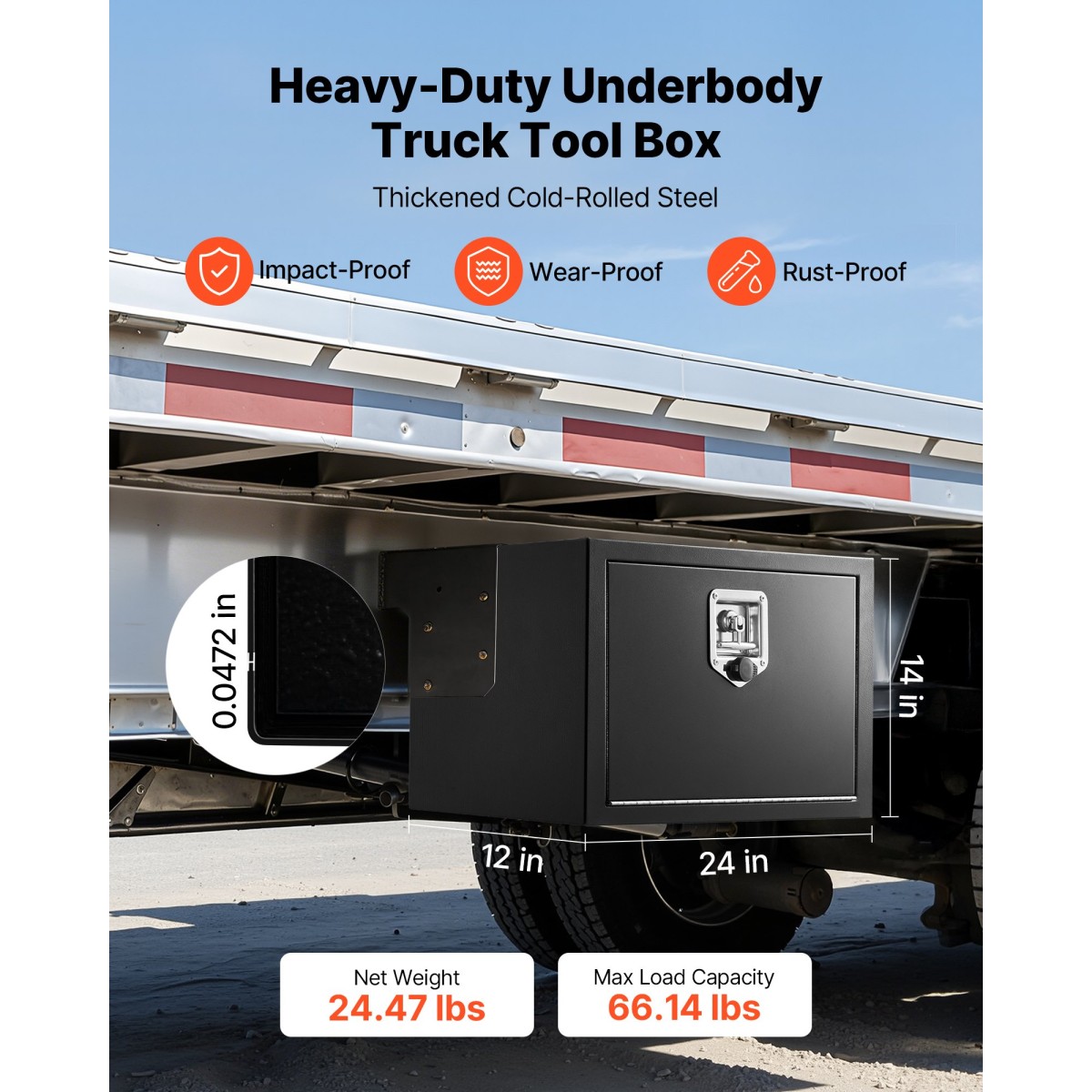 Κιβώτιο εργαλείων VEVOR Underbody Truck, 609 x 305 x 356 mm Κουτί αποθήκευσης τρέιλερ από χάλυβα βαρέως τύπου με κλειδαριά και κλειδιά, αδιάβροχη οργάνωση αποθήκευσης τρέιλερ κάτω από το αμάξωμα με λαβή T για φορτηγό, Van, SUV, Μαύρο
