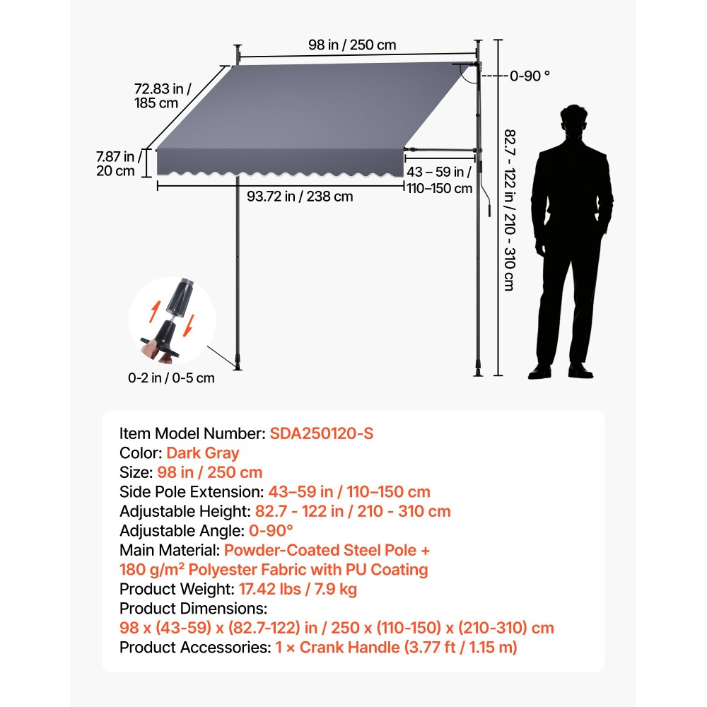 VEVOR Χειροκίνητη αναδιπλούμενη τέντα, 250 cm Εξωτερική αναδιπλούμενη τέντα αίθριο Στέγαστρα, ρυθμιζόμενο ύψος κουβούκλιο παραθύρου πόρτας βεράντας με χειροκίνητη μανιβέλα για αυλή, κήπο, μπαλκόνι, σκούρο γκρι