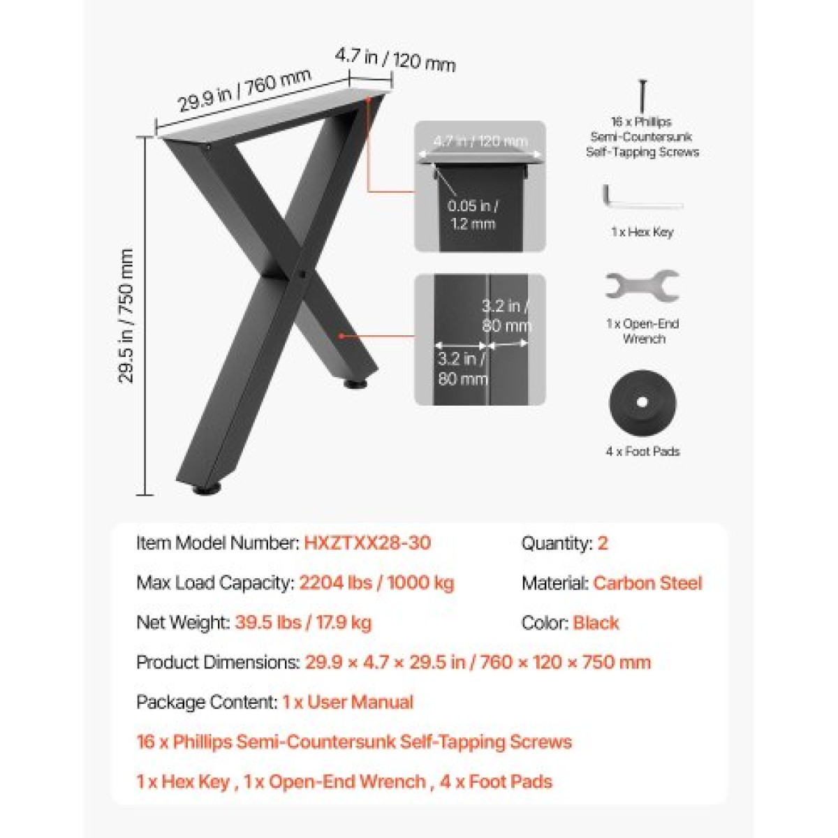 Επιτραπέζια πόδια VEVOR, 750 x 760 mm (HxW) W Πόδια από χάλυβα επίπλων, Αρθρωτή σχεδίαση, Εύκολη συναρμολόγηση, 1000 kg Μέγιστο φορτίο βαρέως τύπου, για γραφείο οικιακού γραφείου, τραπέζια καφέ για δείπνο, πάγκος εργασίας, 2 τεμ., πλαίσιο X, μαύρο