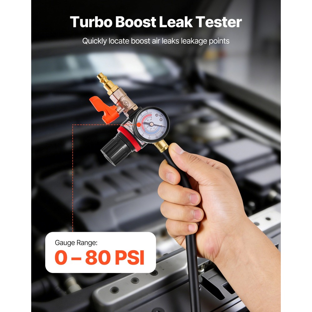 VEVOR Turbo Boost Leak Tester Kit, 0-80 PSI Valve Gauge Range, Turbo System Leakage Tester Set με 4 ζεύγη βαθμιδωτών αντάπτορων & 4 ζεύγη τυπικών εξαρτημάτων αέρα για ενδοψύκτη και δοκιμή σωληνώσεων εισαγωγής