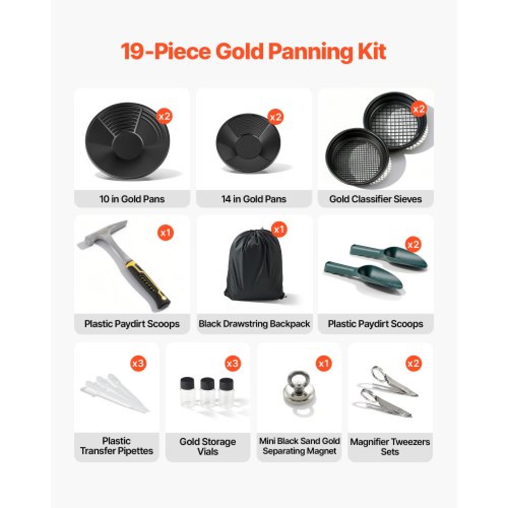 VEVOR Gold Panning Kit, 254 mm and 355 mm Pans, 19 PCS Portable Prospecting Equipment Kit with Classifier Sieves, Sand Magnet, Rock Pick, Scoops, Backpack, and Accessories, for Outdoor Gold Recovery