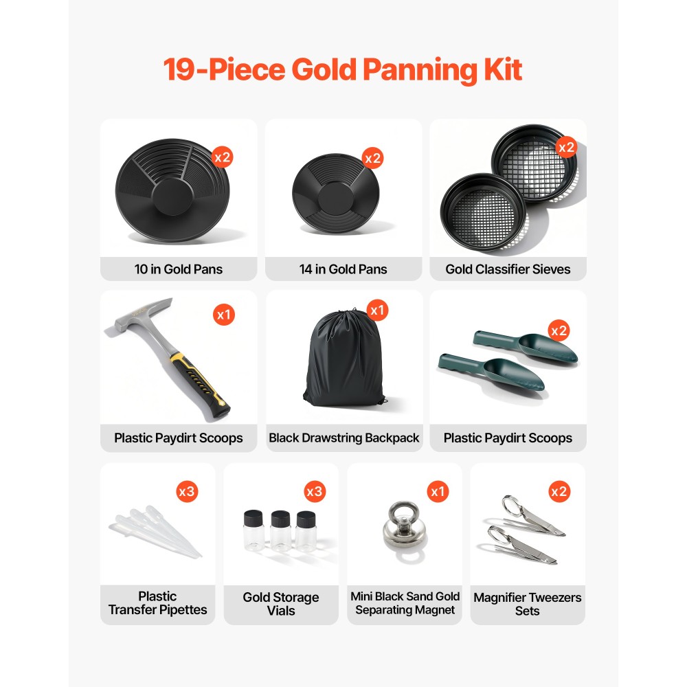 VEVOR Gold Panning Kit, 254 mm και 355 mm τηγάνια, φορητό κιτ εξοπλισμού αναζήτησης 19 τμχ με Classifier Sieves, Sand Magnet, Rock Pick, Scoops, Backpack, and Accessories, for Outdoor Recovery Gold