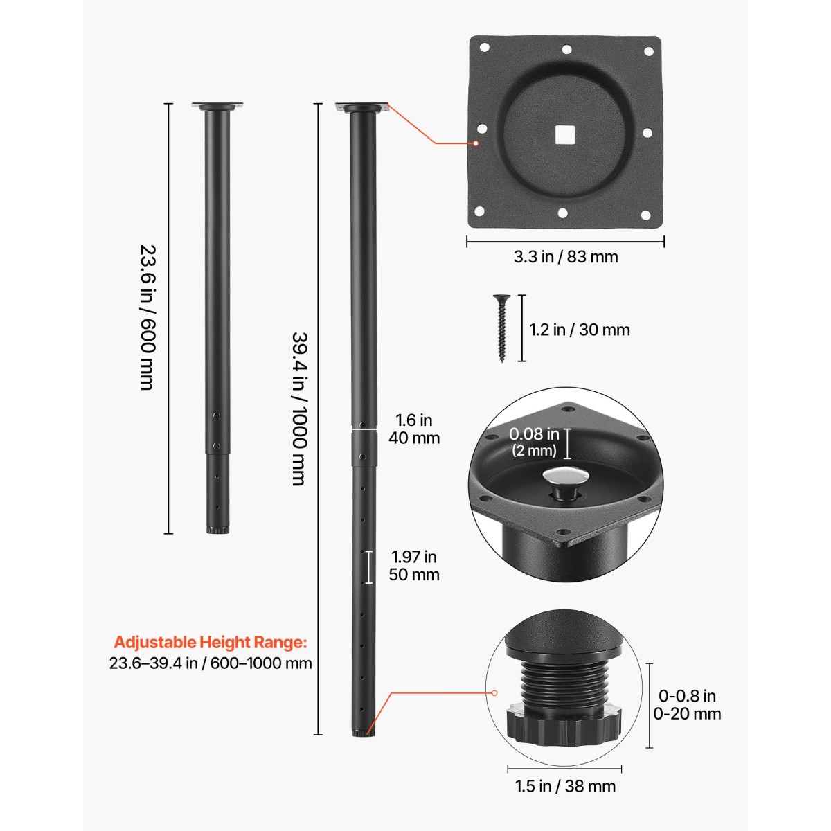 VEVOR Ρυθμιζόμενα πόδια τραπεζιού, 610-1016 mm Στρογγυλά πόδια επίπλων από ατσάλι, 544 kg Μέγιστο φορτίο βαρέως τύπου, Γρήγορη εγκατάσταση, για γραφείο οικιακού γραφείου DIY, Τραπέζια για δείπνο καφέ, Πάγκοι εργασίας, 4 ΤΕΜ, Μαύρο