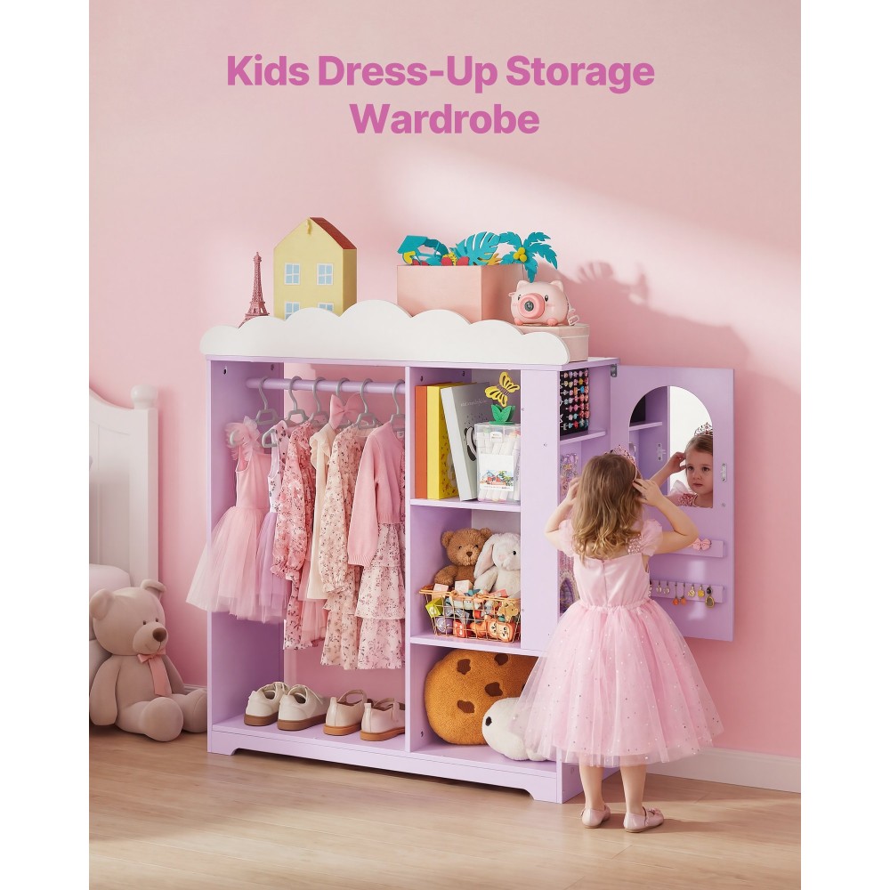 VEVOR Kids Dress Up Storage, με ντουλάπι κοσμημάτων, Ντουλάπα με καθρέφτη και ράφια, Ντουλάπα ντουλάπα με στολές πριγκίπισσας, ντουλάπα οργάνωσης κοστουμιών για νήπια, για υπνοδωμάτιο, παιδικό δωμάτιο, κορίτσια, μωβ