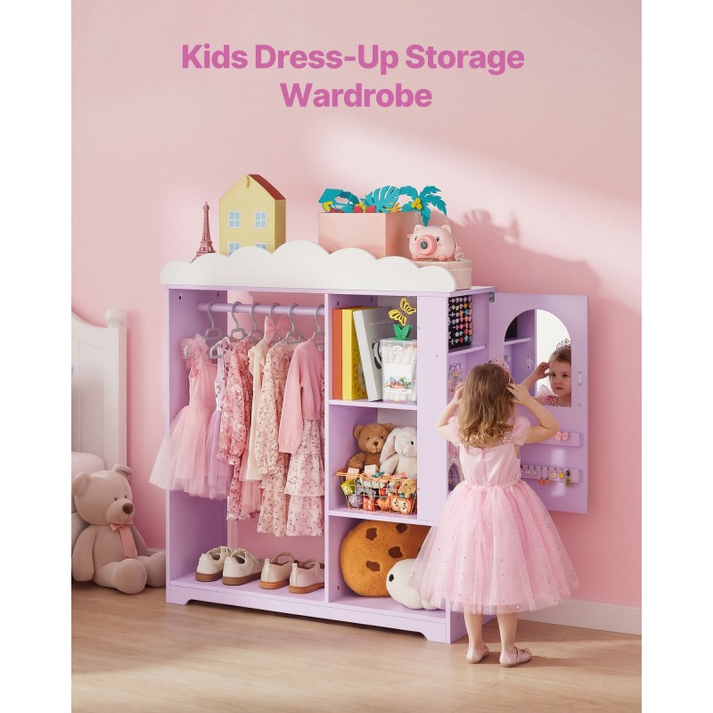 VEVOR Kids Dress Up Storage, με ντουλάπι κοσμημάτων, Ντουλάπα με καθρέφτη και ράφια, Ντουλάπα ντουλάπα με στολές πριγκίπισσας, ντουλάπα οργάνωσης κοστουμιών για νήπια, για υπνοδωμάτιο, παιδικό δωμάτιο, κορίτσια, μωβ