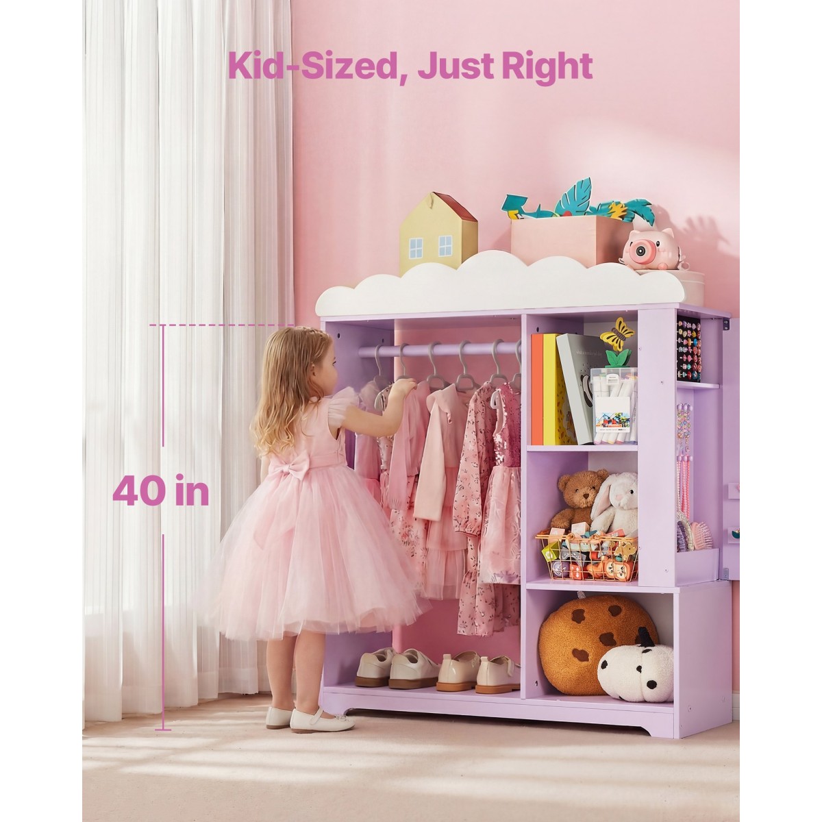 VEVOR Kids Dress Up Storage, με ντουλάπι κοσμημάτων, Ντουλάπα με καθρέφτη και ράφια, Ντουλάπα ντουλάπα με στολές πριγκίπισσας, ντουλάπα οργάνωσης κοστουμιών για νήπια, για υπνοδωμάτιο, παιδικό δωμάτιο, κορίτσια, μωβ