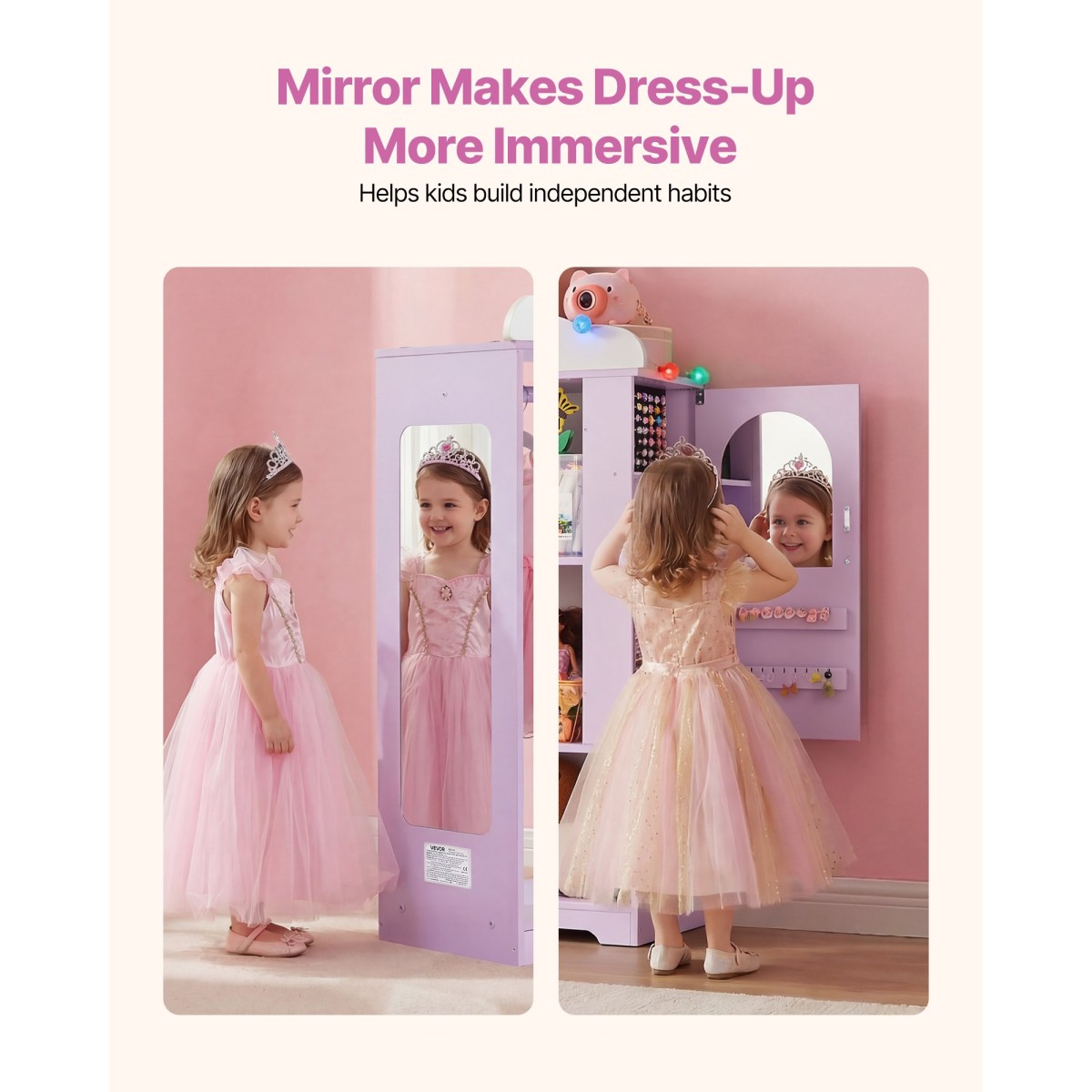 VEVOR Kids Dress Up Storage, με ντουλάπι κοσμημάτων, Ντουλάπα με καθρέφτη και ράφια, Ντουλάπα ντουλάπα με στολές πριγκίπισσας, ντουλάπα οργάνωσης κοστουμιών για νήπια, για υπνοδωμάτιο, παιδικό δωμάτιο, κορίτσια, μωβ