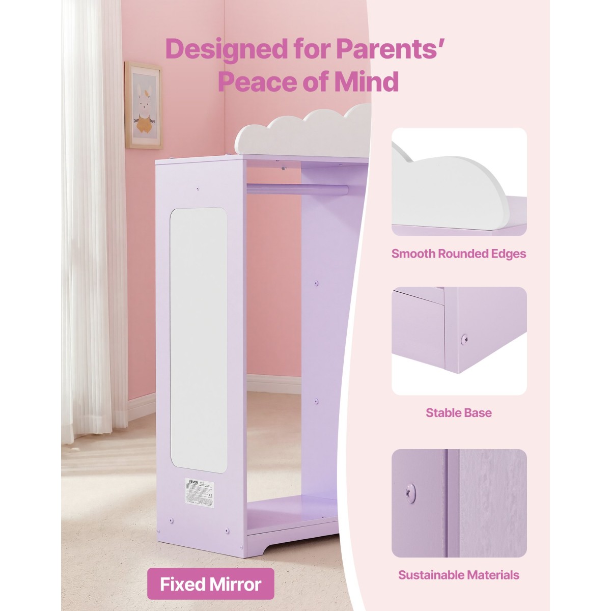 VEVOR Kids Dress Up Storage, με ντουλάπι κοσμημάτων, Ντουλάπα με καθρέφτη και ράφια, Ντουλάπα ντουλάπα με στολές πριγκίπισσας, ντουλάπα οργάνωσης κοστουμιών για νήπια, για υπνοδωμάτιο, παιδικό δωμάτιο, κορίτσια, μωβ