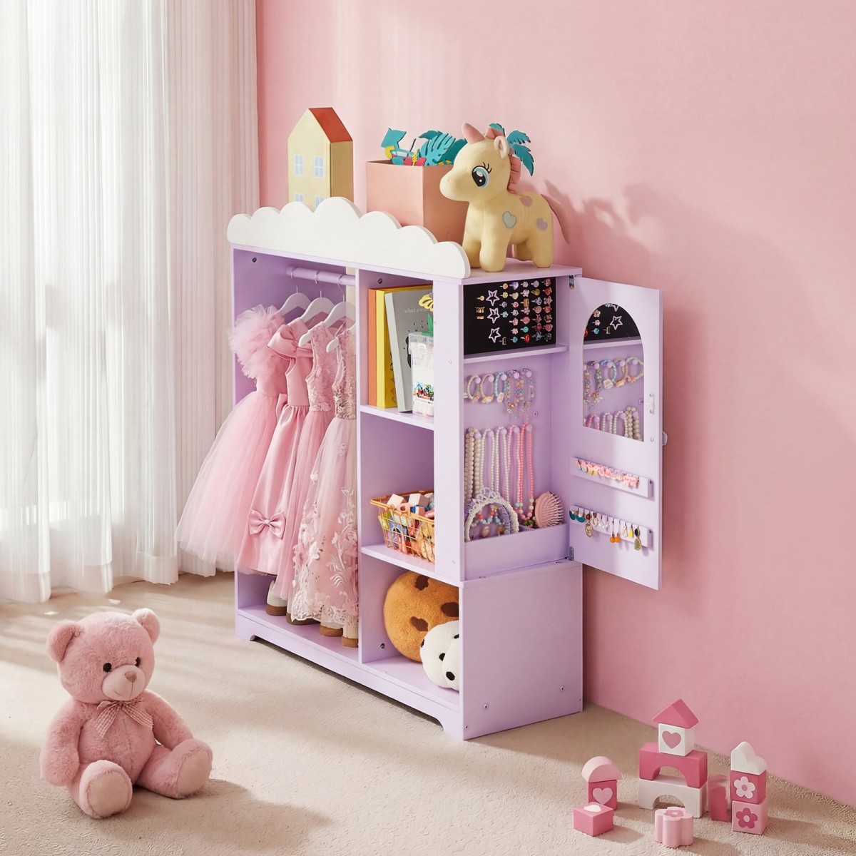 VEVOR Kids Dress Up Storage, με ντουλάπι κοσμημάτων, Ντουλάπα με καθρέφτη και ράφια, Ντουλάπα ντουλάπα με στολές πριγκίπισσας, ντουλάπα οργάνωσης κοστουμιών για νήπια, για υπνοδωμάτιο, παιδικό δωμάτιο, κορίτσια, μωβ