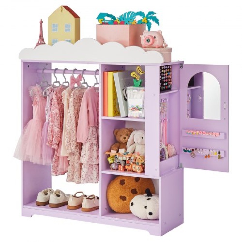 VEVOR Kids Dress Up Storage, με ντουλάπι κοσμημάτων, Ντουλάπα με καθρέφτη και ράφια, Ντουλάπα ντουλάπα με στολές πριγκίπισσας, ντουλάπα οργάνωσης κοστουμιών για νήπια, για υπνοδωμάτιο, παιδικό δωμάτιο, κορίτσια, μωβ