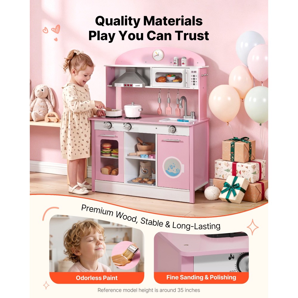 VEVOR Play Kitchen for Kids, Ξύλινο, Παιδικό Σετ Κουζίνας με αληθινά φώτα και ήχους, Αξεσουάρ για φαγητό και μαγειρικά σκεύη, σετ παιχνιδιών Pretend Play, Κουκούλα, φούρνος μικροκυμάτων, για νήπια, κορίτσια και αγόρια 3-8 ετών, ροζ