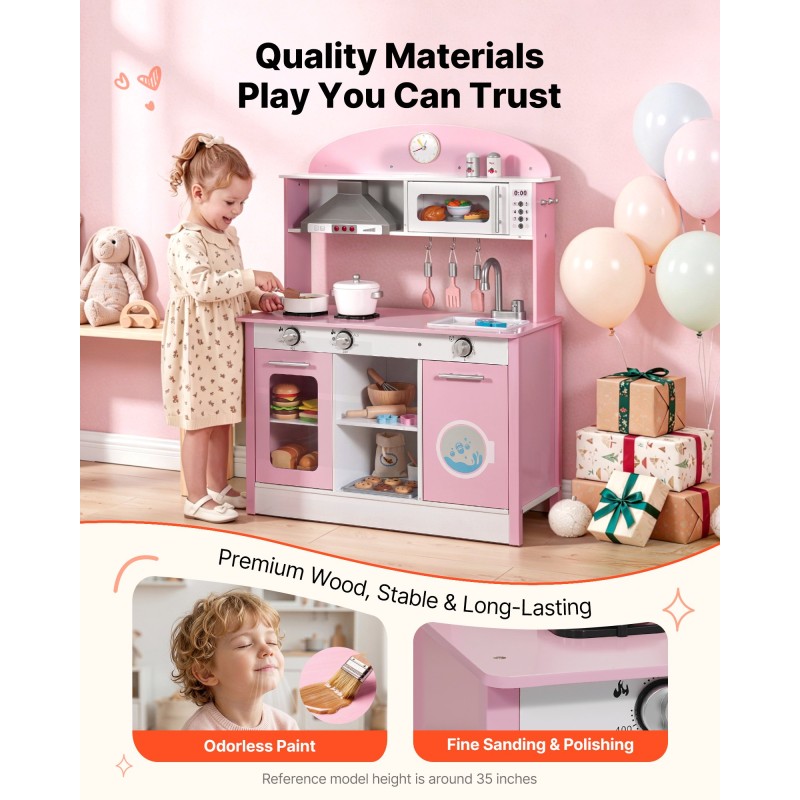 VEVOR Play Kitchen for Kids, Ξύλινο, Παιδικό Σετ Κουζίνας με αληθινά φώτα και ήχους, Αξεσουάρ για φαγητό και μαγειρικά σκεύη, σετ παιχνιδιών Pretend Play, Κουκούλα, φούρνος μικροκυμάτων, για νήπια, κορίτσια και αγόρια 3-8 ετών, ροζ