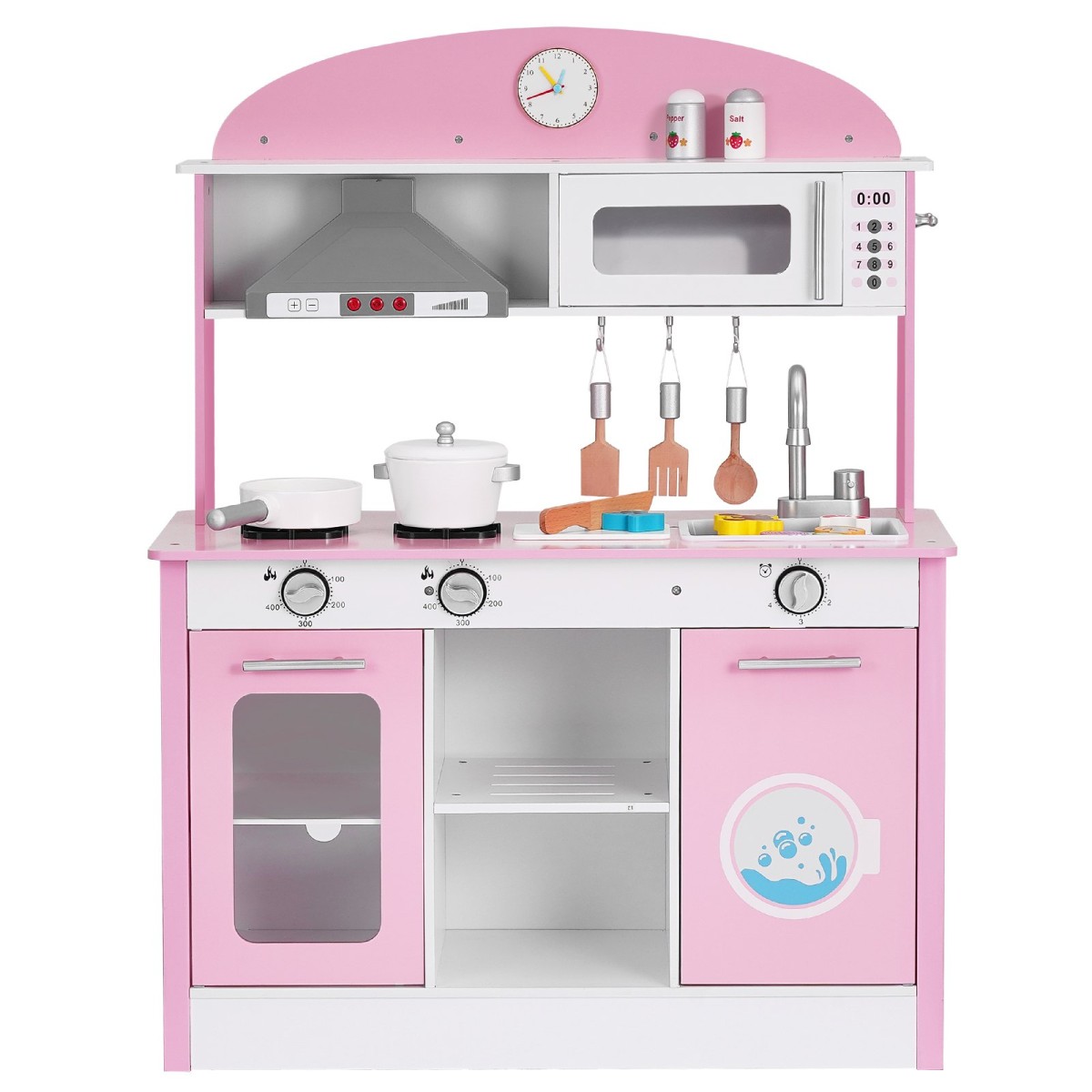 VEVOR Play Kitchen for Kids, Ξύλινο, Παιδικό Σετ Κουζίνας με αληθινά φώτα και ήχους, Αξεσουάρ για φαγητό και μαγειρικά σκεύη, σετ παιχνιδιών Pretend Play, Κουκούλα, φούρνος μικροκυμάτων, για νήπια, κορίτσια και αγόρια 3-8 ετών, ροζ