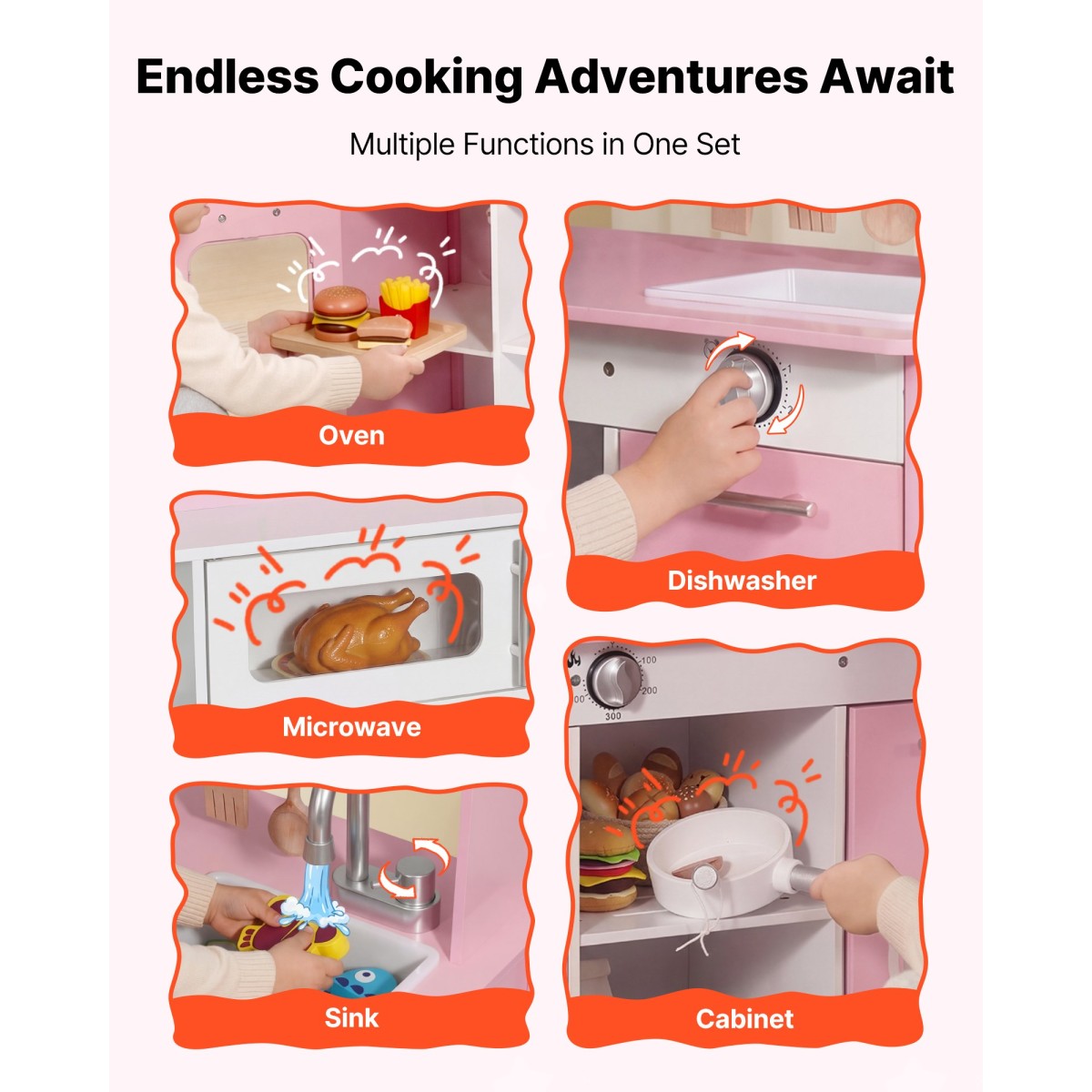 VEVOR Play Kitchen for Kids, Ξύλινο, Παιδικό Σετ Κουζίνας με αληθινά φώτα και ήχους, Αξεσουάρ για φαγητό και μαγειρικά σκεύη, σετ παιχνιδιών Pretend Play, Κουκούλα, φούρνος μικροκυμάτων, για νήπια, κορίτσια και αγόρια 3-8 ετών, ροζ