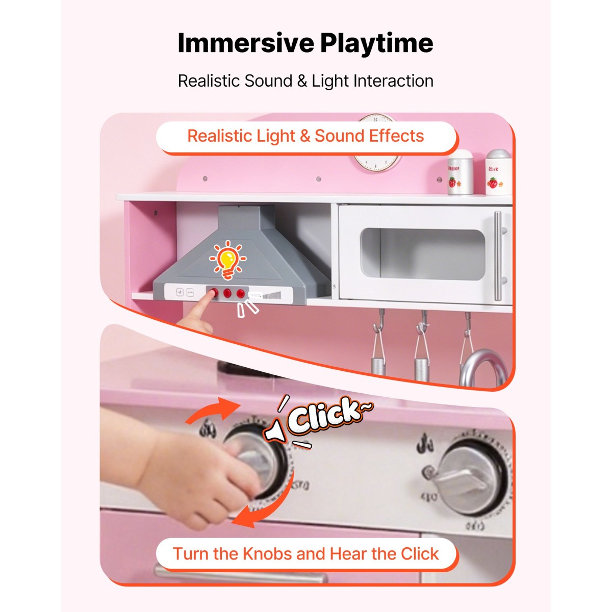 VEVOR Play Kitchen for Kids, Ξύλινο, Παιδικό Σετ Κουζίνας με αληθινά φώτα και ήχους, Αξεσουάρ για φαγητό και μαγειρικά σκεύη, σετ παιχνιδιών Pretend Play, Κουκούλα, φούρνος μικροκυμάτων, για νήπια, κορίτσια και αγόρια 3-8 ετών, ροζ