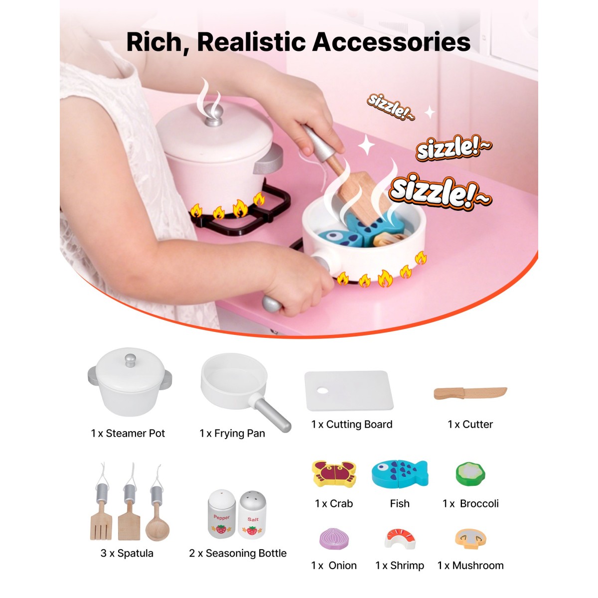 VEVOR Play Kitchen for Kids, Ξύλινο, Παιδικό Σετ Κουζίνας με αληθινά φώτα και ήχους, Αξεσουάρ για φαγητό και μαγειρικά σκεύη, σετ παιχνιδιών Pretend Play, Κουκούλα, φούρνος μικροκυμάτων, για νήπια, κορίτσια και αγόρια 3-8 ετών, ροζ