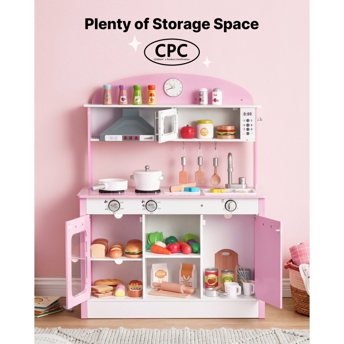 VEVOR Play Kitchen for Kids, Ξύλινο, Παιδικό Σετ Κουζίνας με αληθινά φώτα και ήχους, Αξεσουάρ για φαγητό και μαγειρικά σκεύη, σετ παιχνιδιών Pretend Play, Κουκούλα, φούρνος μικροκυμάτων, για νήπια, κορίτσια και αγόρια 3-8 ετών, ροζ