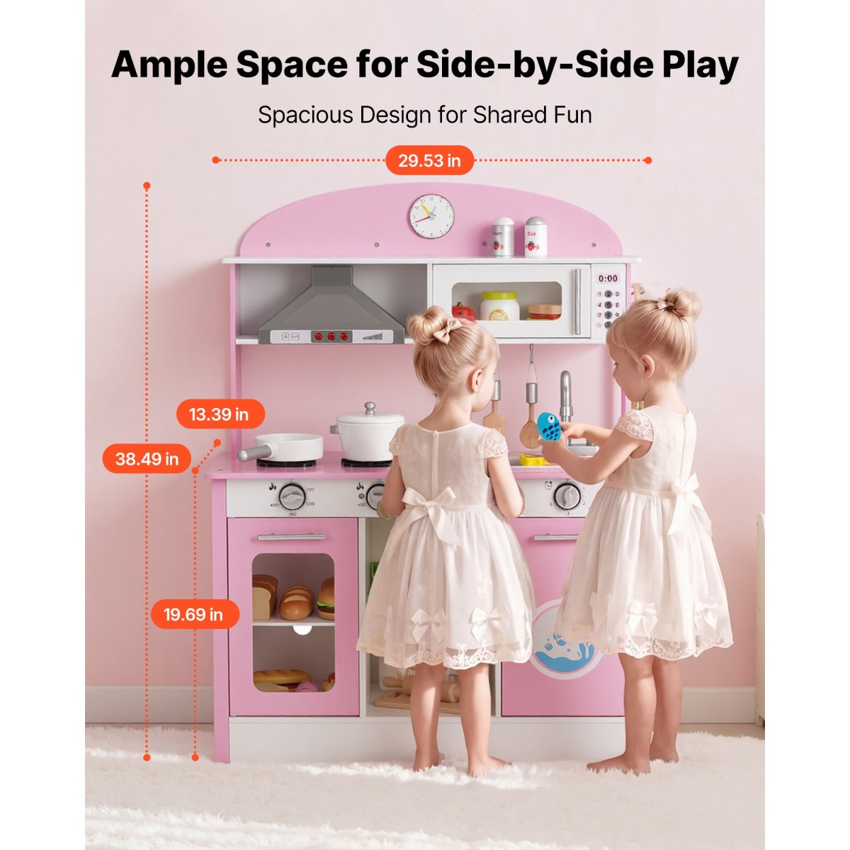 VEVOR Play Kitchen for Kids, Ξύλινο, Παιδικό Σετ Κουζίνας με αληθινά φώτα και ήχους, Αξεσουάρ για φαγητό και μαγειρικά σκεύη, σετ παιχνιδιών Pretend Play, Κουκούλα, φούρνος μικροκυμάτων, για νήπια, κορίτσια και αγόρια 3-8 ετών, ροζ