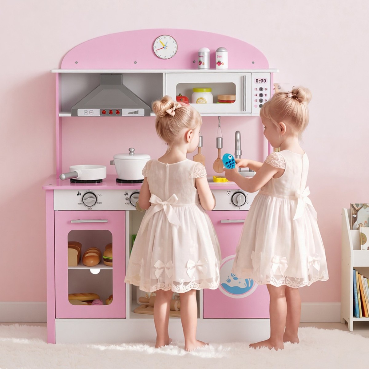 VEVOR Play Kitchen for Kids, Ξύλινο, Παιδικό Σετ Κουζίνας με αληθινά φώτα και ήχους, Αξεσουάρ για φαγητό και μαγειρικά σκεύη, σετ παιχνιδιών Pretend Play, Κουκούλα, φούρνος μικροκυμάτων, για νήπια, κορίτσια και αγόρια 3-8 ετών, ροζ