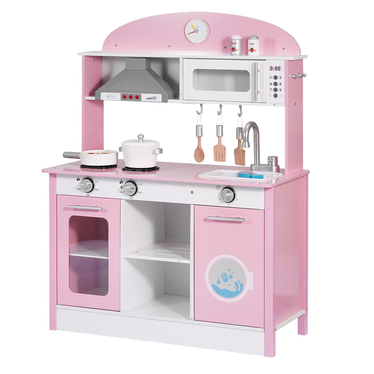 VEVOR Play Kitchen for Kids, Ξύλινο, Παιδικό Σετ Κουζίνας με αληθινά φώτα και ήχους, Αξεσουάρ για φαγητό και μαγειρικά σκεύη, σετ παιχνιδιών Pretend Play, Κουκούλα, φούρνος μικροκυμάτων, για νήπια, κορίτσια και αγόρια 3-8 ετών, ροζ