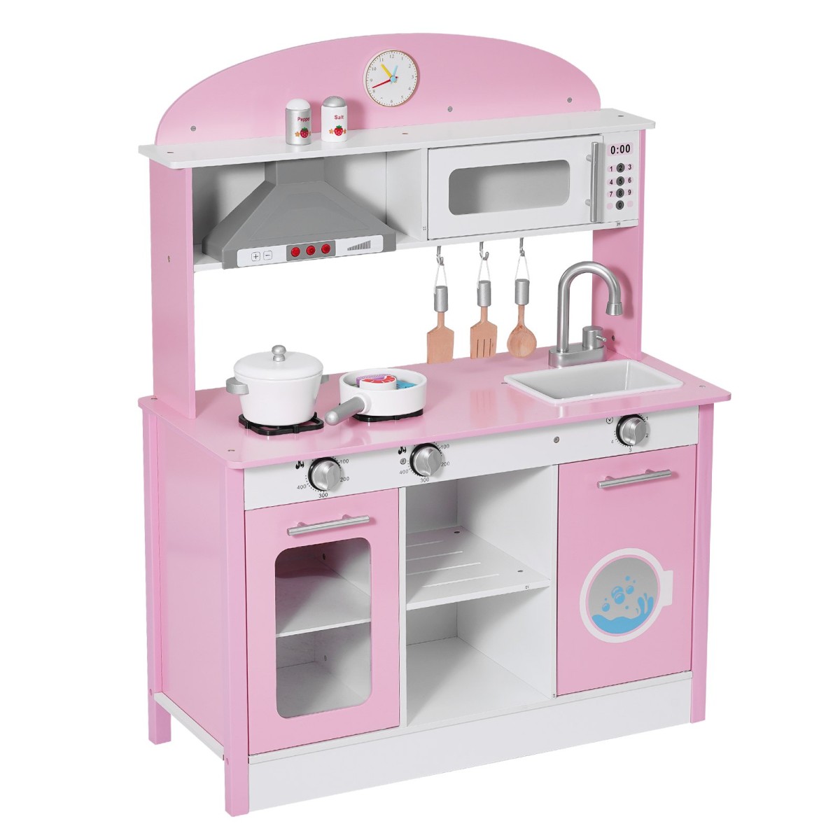 VEVOR Play Kitchen for Kids, Ξύλινο, Παιδικό Σετ Κουζίνας με αληθινά φώτα και ήχους, Αξεσουάρ για φαγητό και μαγειρικά σκεύη, σετ παιχνιδιών Pretend Play, Κουκούλα, φούρνος μικροκυμάτων, για νήπια, κορίτσια και αγόρια 3-8 ετών, ροζ