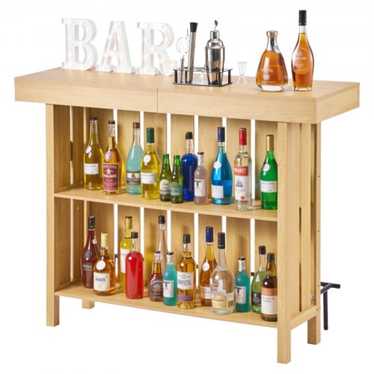 VEVOR Home Bar Unit, Wine Bar Ντουλάπα Τραπέζι 3 επιπέδων με Ράφια αποθήκευσης, Ανοιχτήρι Αποθηκευτικό κουτί & Ρυθμιζόμενα μαξιλαράκια ποδιών, Μαύρο υποπόδιο, Ξύλινο & Μεταλλικό Ντουλάπι για Σπίτι, Υπόγειο, Κουζίνα, Σαλόνι